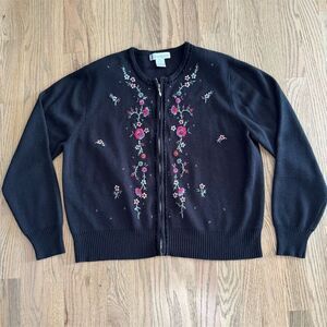 Dressbarn Women's Black Embroidered Cardigan Zip-up Sweater Size XL
